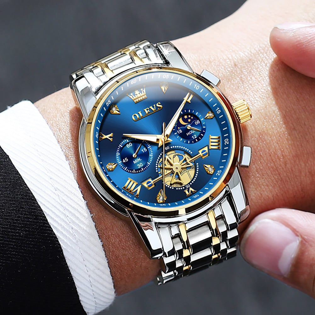 Montre ¨¤ Quartz pour Homme, Modules de Volant d'Inertie, Chronographe Seton, Phase de Lune, Montres-Bracelets Multifonctionnelles en Acier Inoxydable, 2856