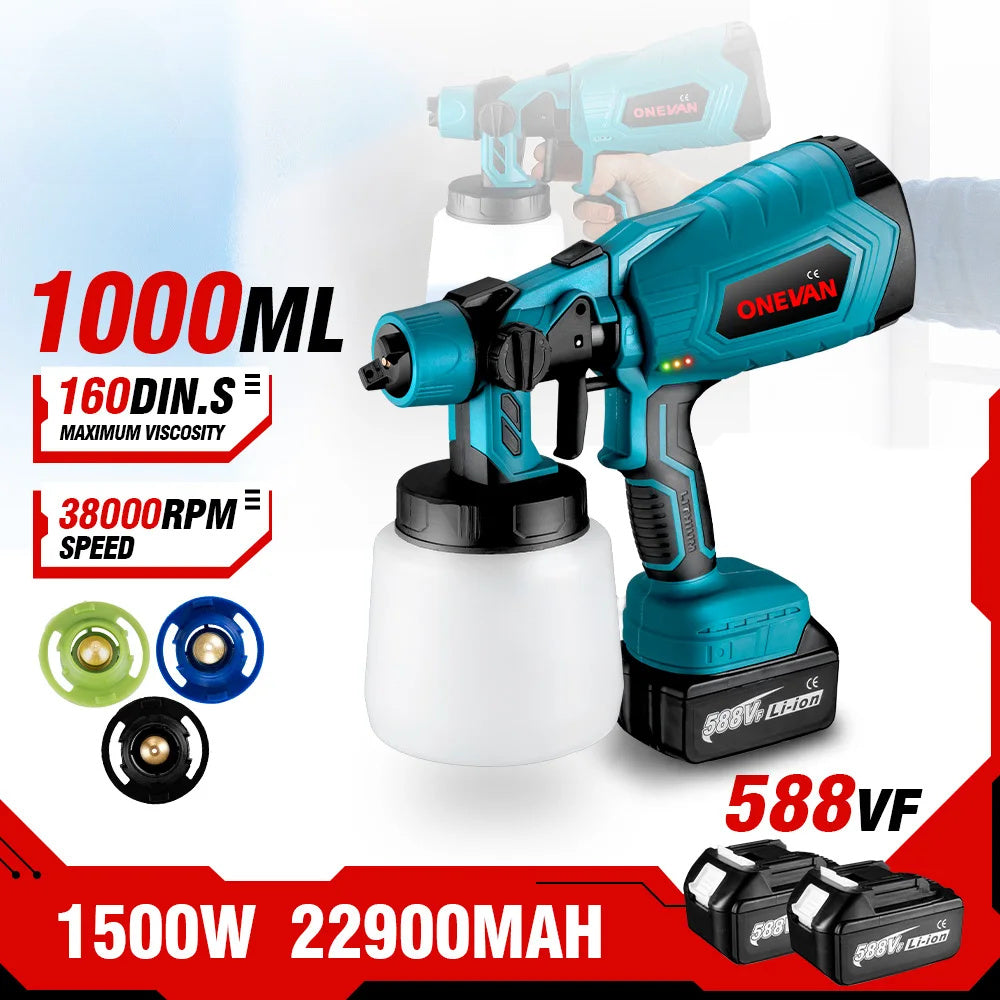 Pistolet ¨¤ peinture ¨¦lectrique sans fil, pulv¨¦risateur de peinture, a¨¦rographe ¨¤ rev¨ºtement en acier pour meubles automobiles, 3 buses, compatible avec la batterie Makita, 1000ml