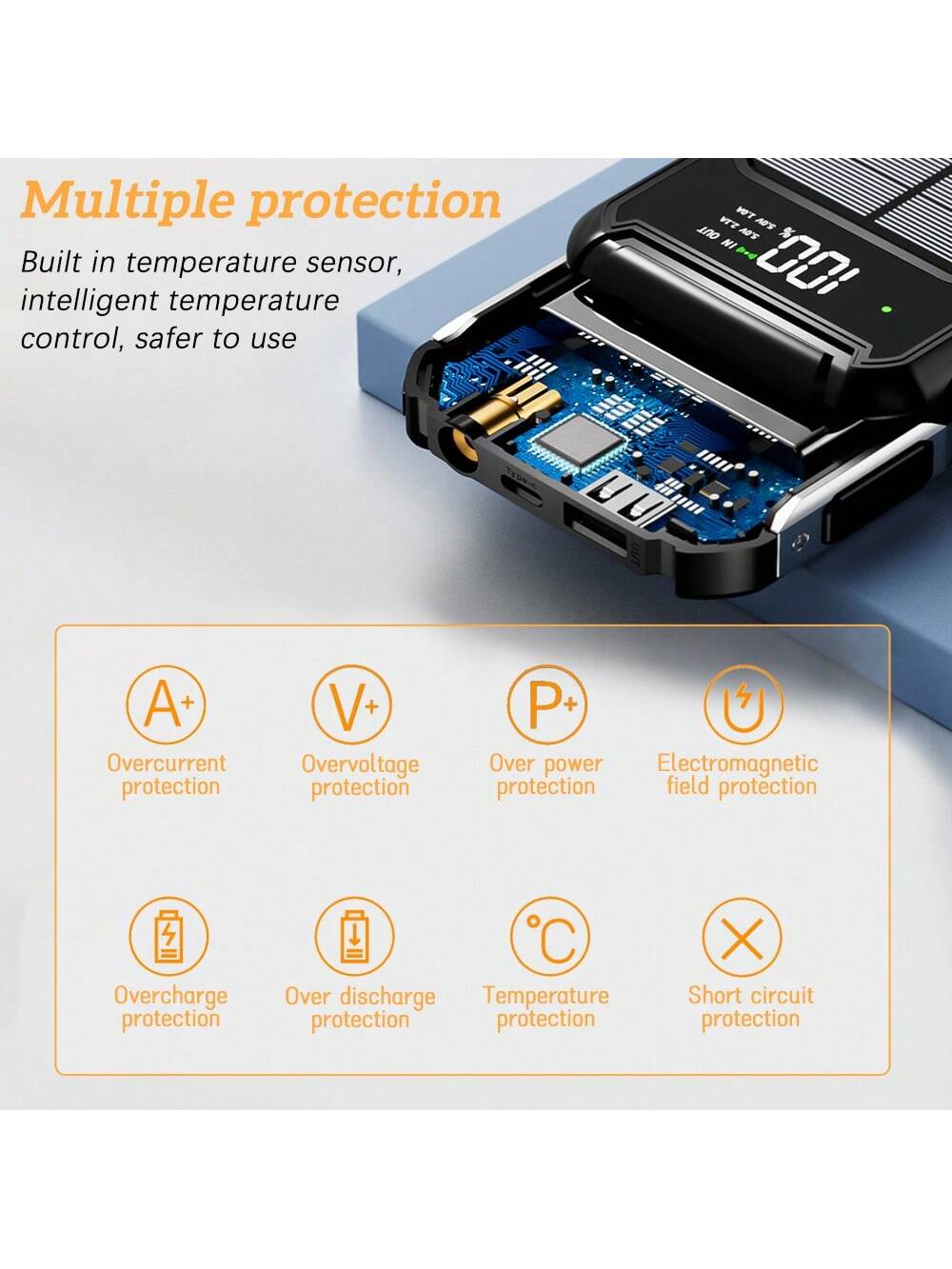 Banque d'¨¦nergie 10000mAh Chargeur sans fil Livr¨¦ avec 4 cables et sorties, Protable Power Bank pour iPhone 15 14 13 et t¨¦l¨¦phones Android, chargeur solaire avec affichage num¨¦rique, lampe de poche