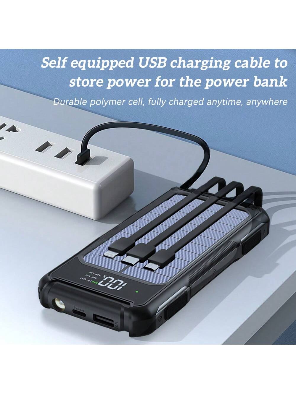 Banque d'¨¦nergie 10000mAh Chargeur sans fil Livr¨¦ avec 4 cables et sorties, Protable Power Bank pour iPhone 15 14 13 et t¨¦l¨¦phones Android, chargeur solaire avec affichage num¨¦rique, lampe de poche