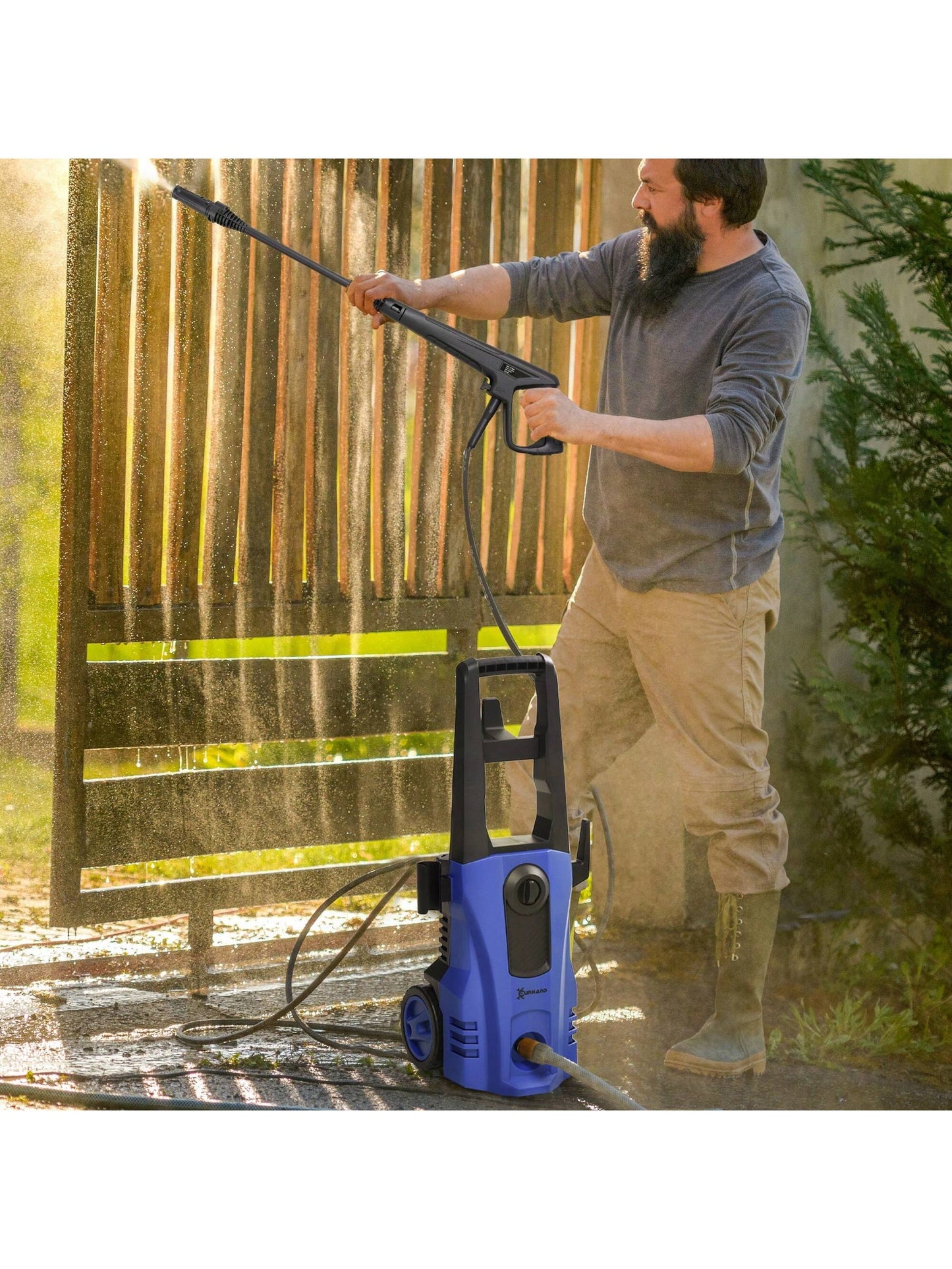 Nettoyeur Haute Pression Puissance 150 Bars Max, d¨¦bit 510 l/h Max, Moteur 1800W Tuyau 6m et cable 5m avec Roues pour Voiture Jardin terrasse dim. 35L x 27l x 78H cm Bleu