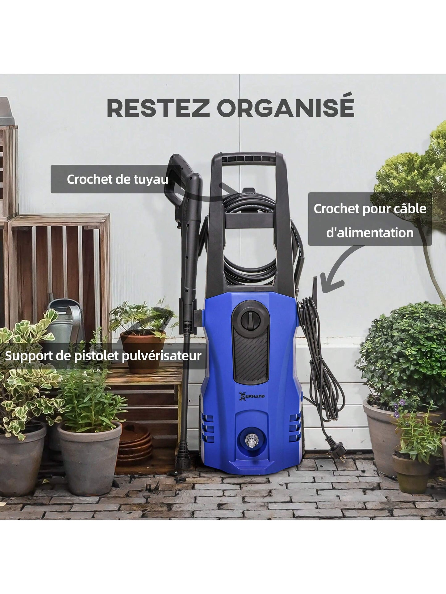 Nettoyeur Haute Pression Puissance 150 Bars Max, d¨¦bit 510 l/h Max, Moteur 1800W Tuyau 6m et cable 5m avec Roues pour Voiture Jardin terrasse dim. 35L x 27l x 78H cm Bleu