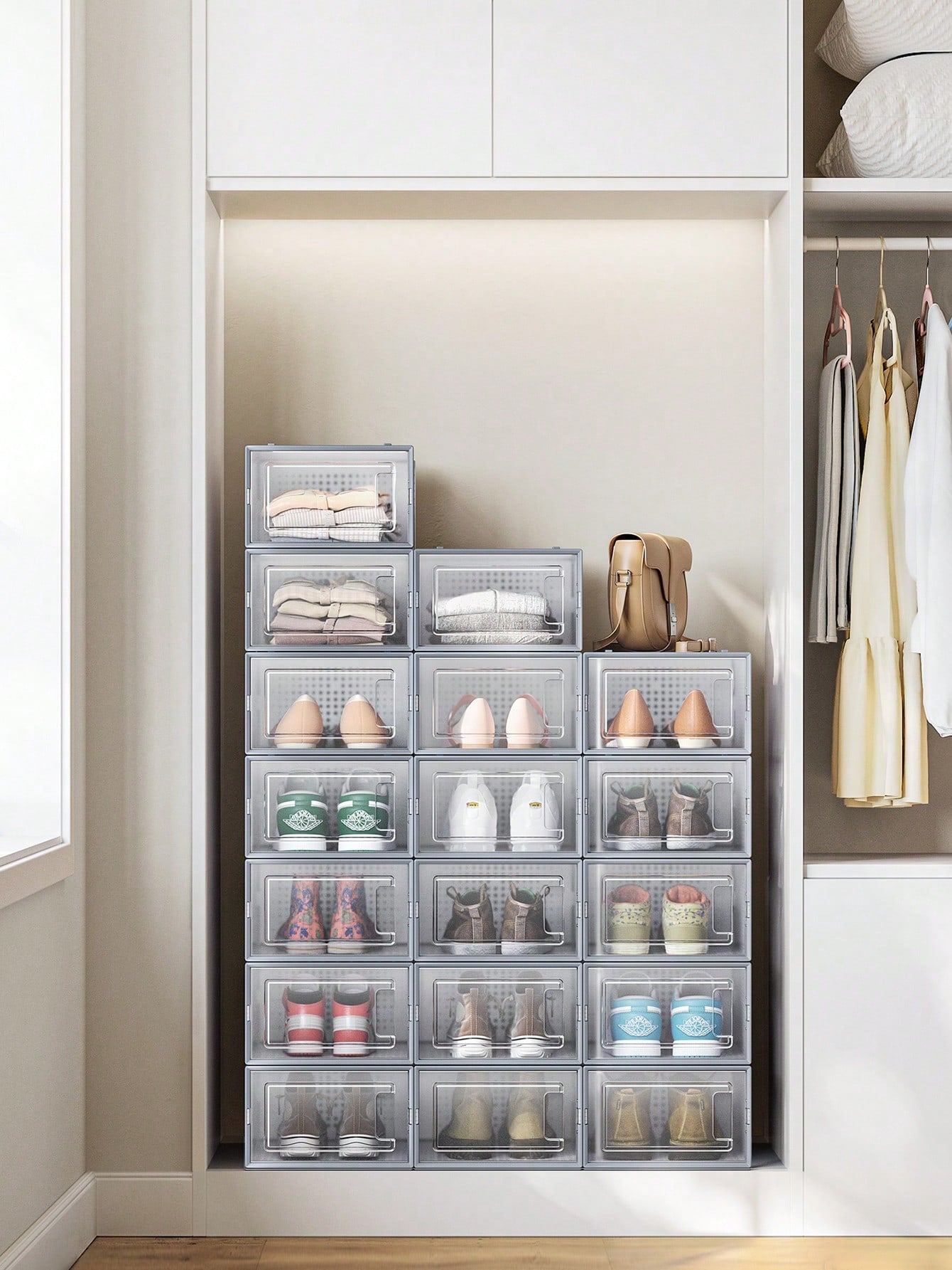 Bo?tes ¨¤ Chaussures, Lot de 18, Rangement Chaussures, Pliable, pour Pointure jusqu'¨¤ 44, Transparent et Gris 33,5 x 23,2 x 14,3 cm