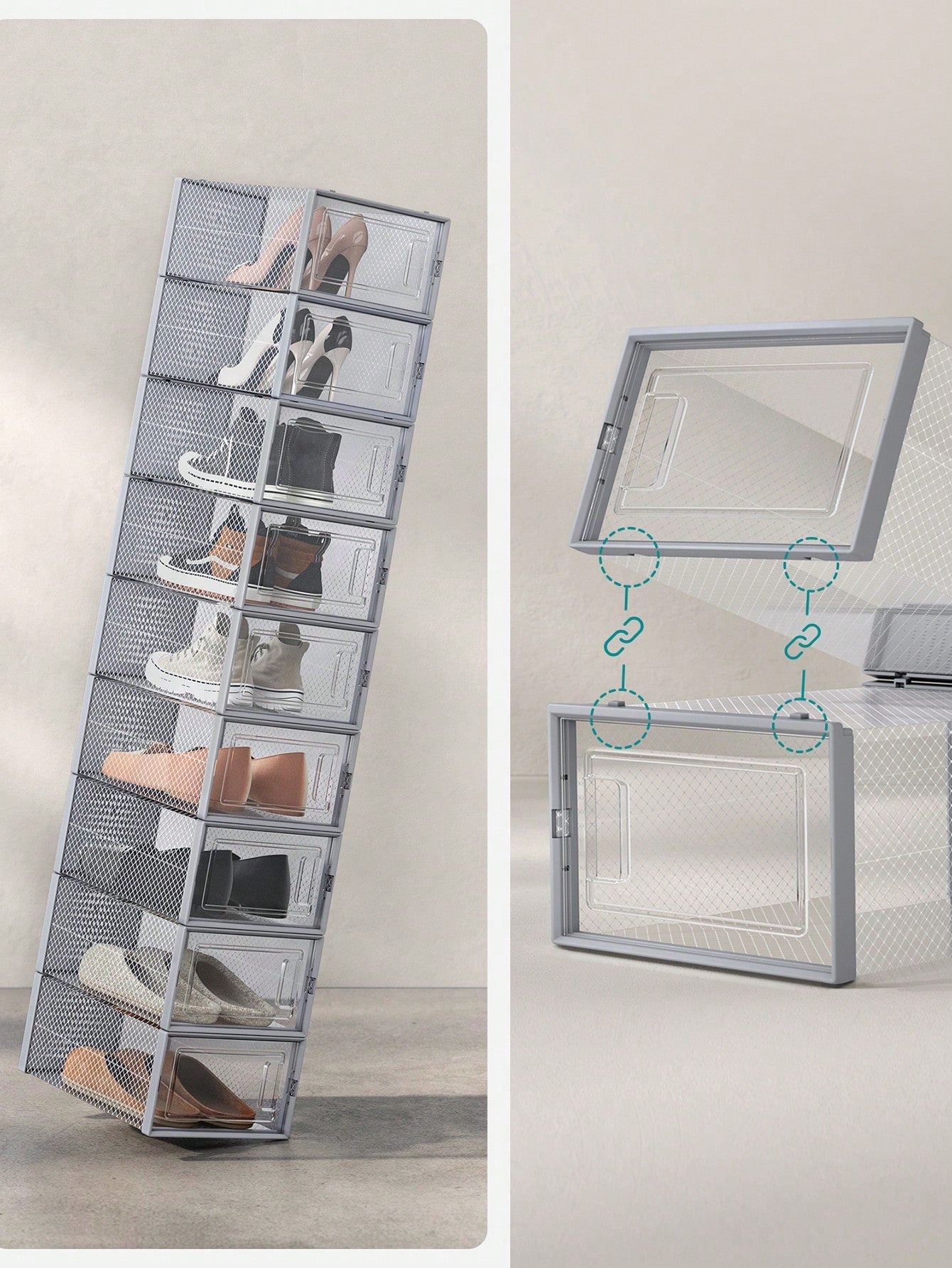 Bo?tes ¨¤ Chaussures, Lot de 18, Rangement Chaussures, Pliable, pour Pointure jusqu'¨¤ 44, Transparent et Gris 33,5 x 23,2 x 14,3 cm