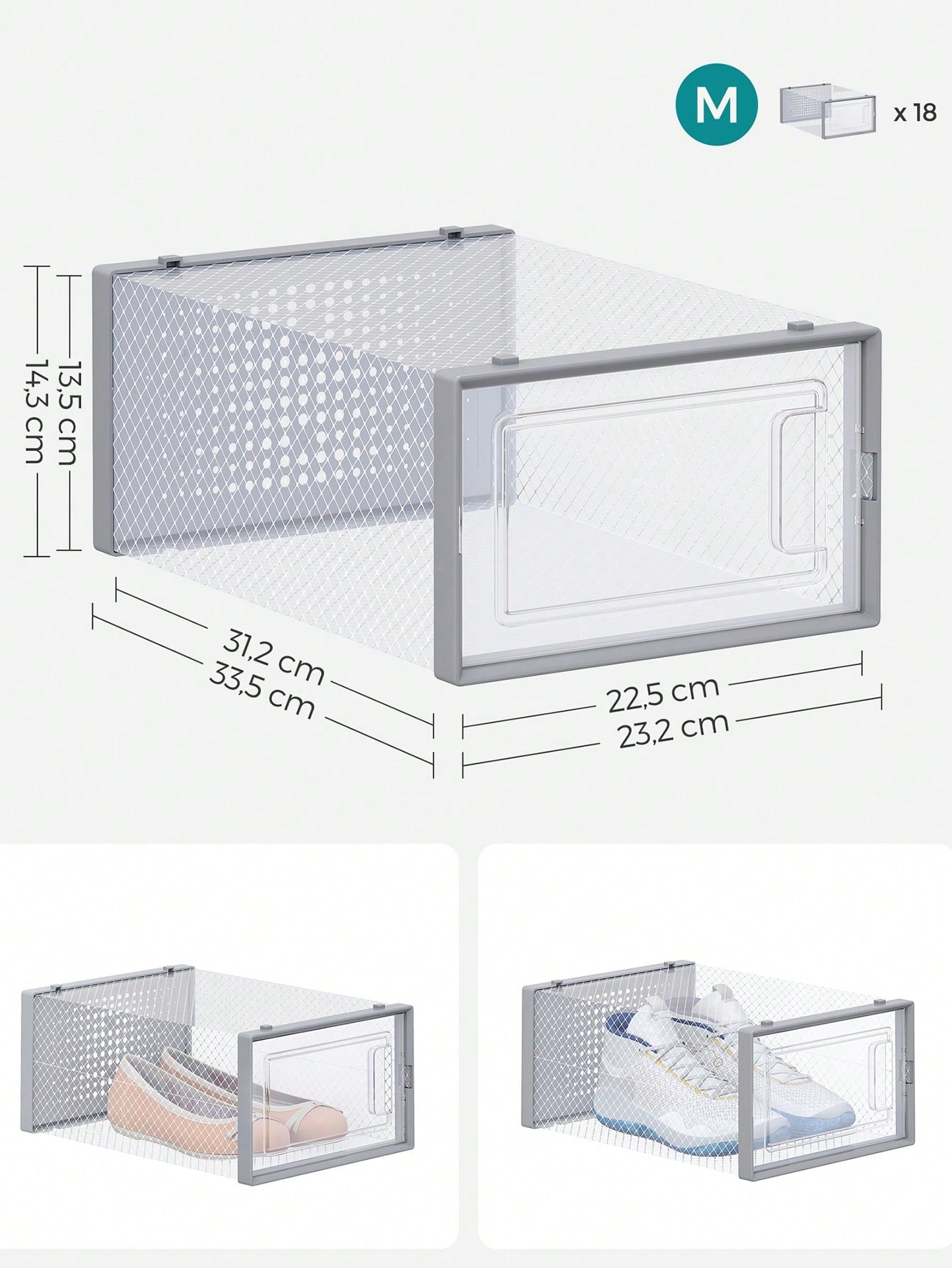 Bo?tes ¨¤ Chaussures, Lot de 18, Rangement Chaussures, Pliable, pour Pointure jusqu'¨¤ 44, Transparent et Gris 33,5 x 23,2 x 14,3 cm