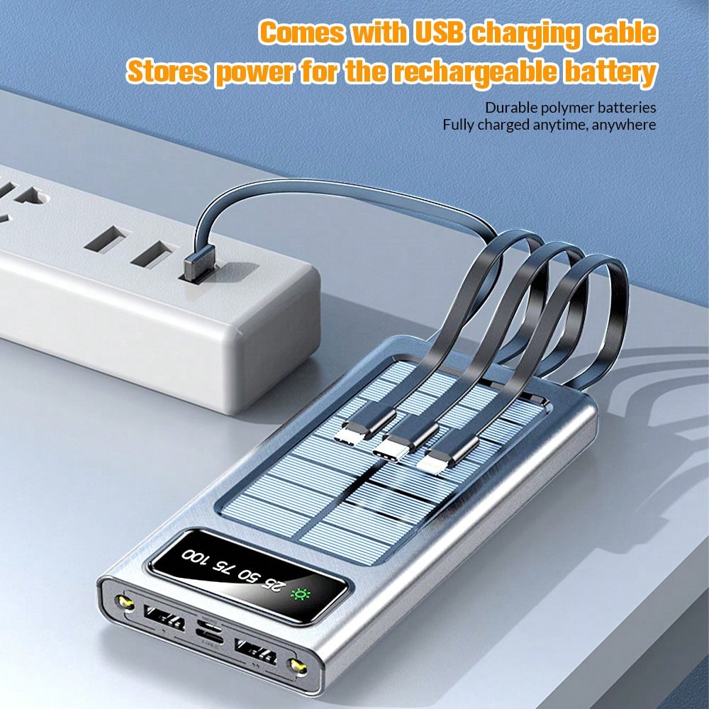 Chargeur solaire portable 10000mAh/20000mAh, banque d'¨¦nergie solaire avec 4 cables, entr¨¦e/sortie USB-C, pour la randonn¨¦e et le camping, banque d'¨¦nergie portable de grande taille pour les t¨¦l¨¦phones intelligents et les appareils ¨¦lectroniques