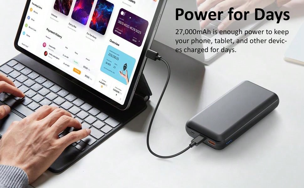 Power Bank 27 000 mAh, 22,5 W PD3.0 QC4.0 Batterie externe ¨¤ charge rapide, chargeur portable avec entr¨¦es et sorties USB-C, compatible avec iPhone, Samsung, Android et plus