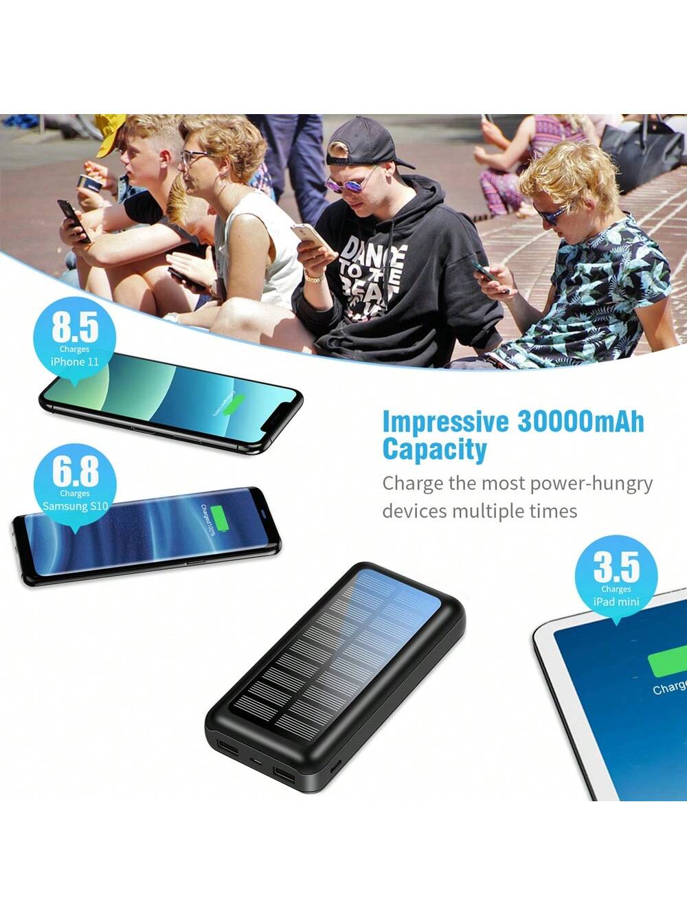 Solar Power Bank 30 000 mAh, chargeur portable ¨¤ charge rapide avec entr¨¦e USB-C, batterie externe avec technologie de reconnaissance automatique, Power Bank pratique pour t¨¦l¨¦phones portables et tablettes