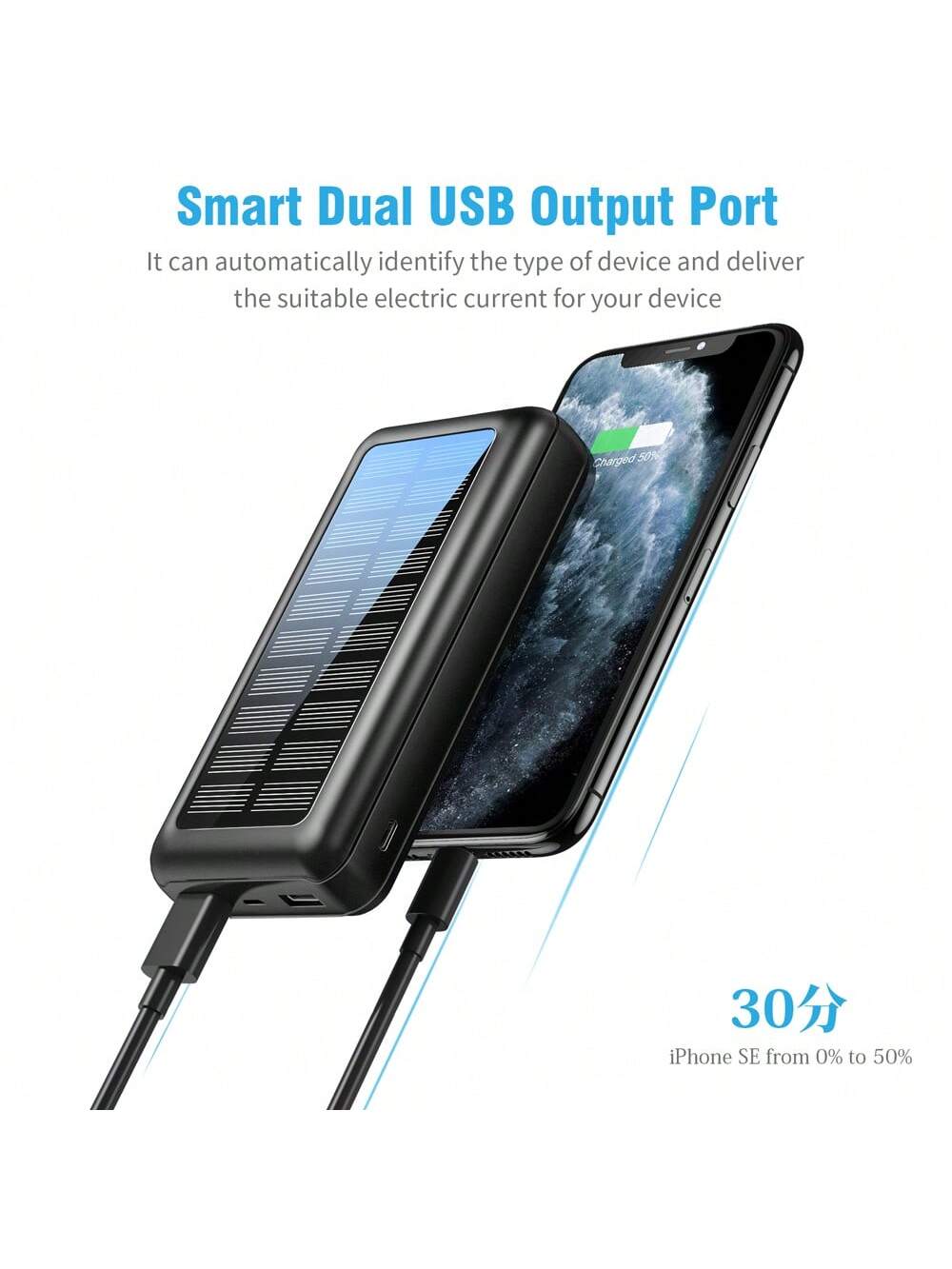 Solar Power Bank 30 000 mAh, chargeur portable ¨¤ charge rapide avec entr¨¦e USB-C, batterie externe avec technologie de reconnaissance automatique, Power Bank pratique pour t¨¦l¨¦phones portables et tablettes