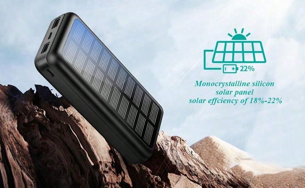 Solar Power Bank 30 000 mAh, chargeur portable ¨¤ charge rapide avec entr¨¦e USB-C, batterie externe avec technologie de reconnaissance automatique, Power Bank pratique pour t¨¦l¨¦phones portables et tablettes