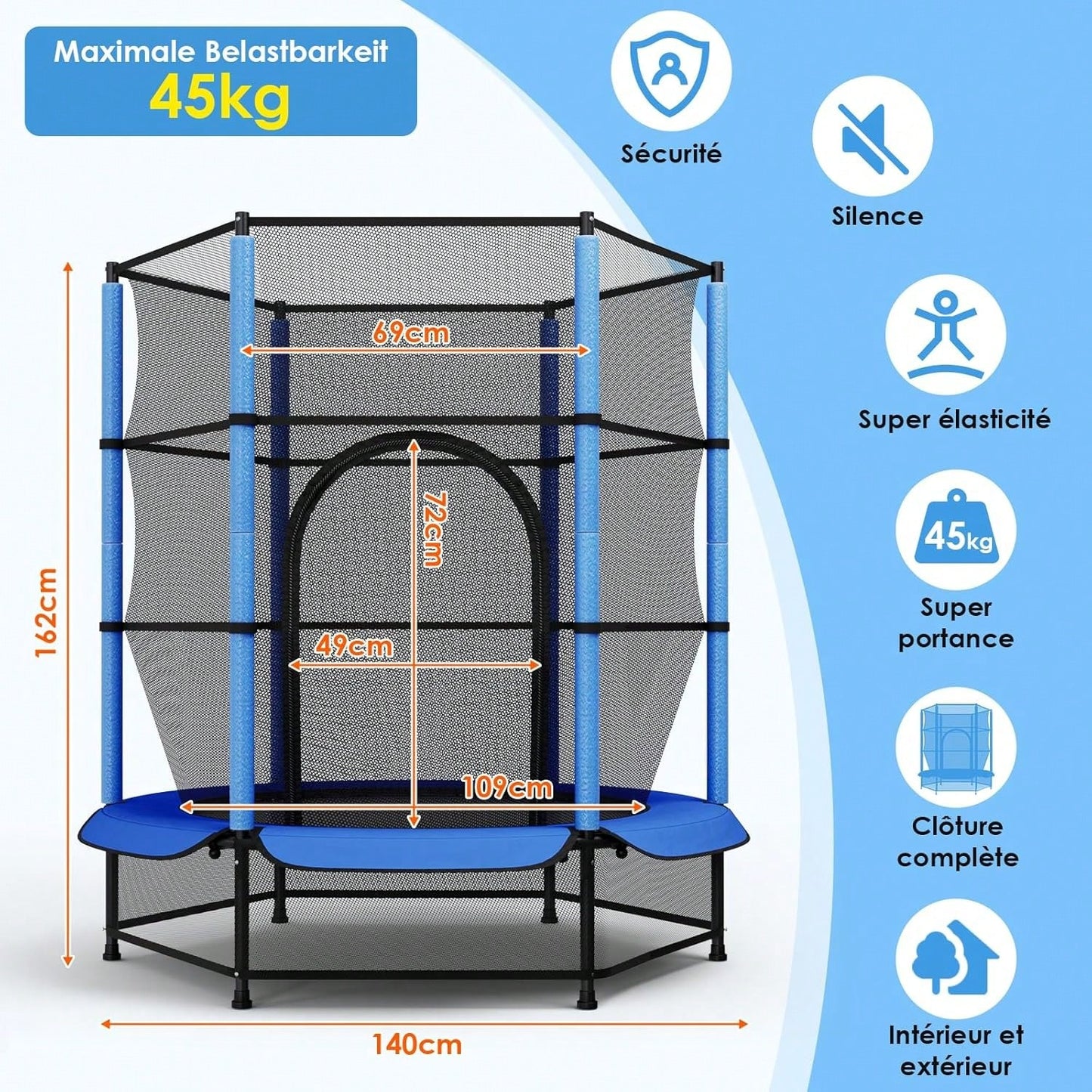 Trampoline pour enfants, trampoline ext¨¦rieur ? 140 cm x 162 cm, trampoline enfant int¨¦rieur avec filet de s¨¦curit¨¦, fermeture ¨¦clair, filet de protection au sol, trampoline de jardin jusqu'¨¤ 45 kg, trampoline enfant