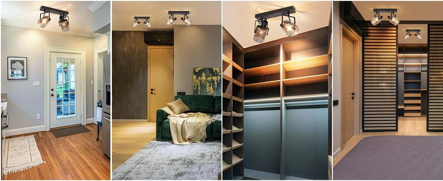 Spot de Plafond Plafonnier Noir Vintage - Plafonnier 2 Ampoules Lampe de Cuisine Pivotante ¨¤ 350¡ã Applique Murale en Verre Gris Fum¨¦e Lampe de Couloir E14 pour Chambre Couloir Cuisine Salon (sans Source de Lumi¨¨re)