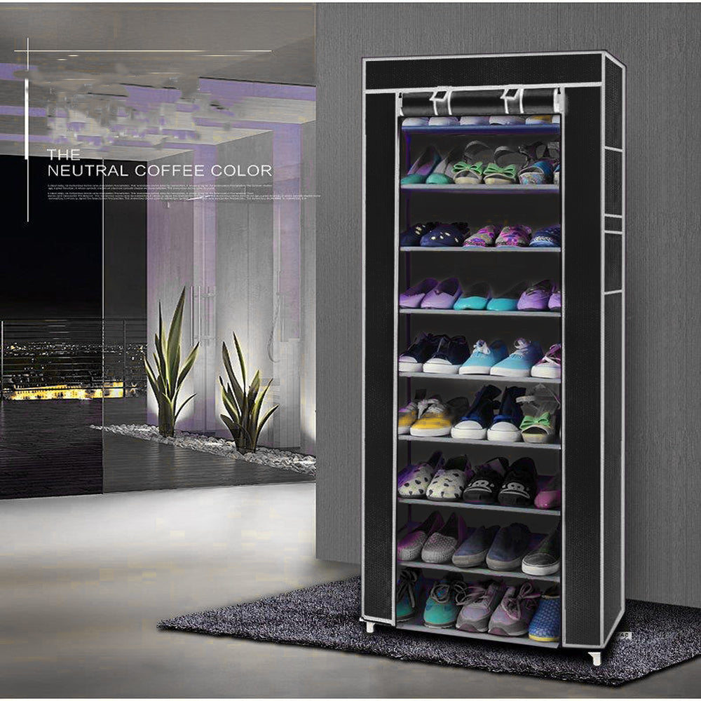 Porte-chaussures en tissu non tiss¨¦ 10 couches 9 treillis noir pour gagner de la place