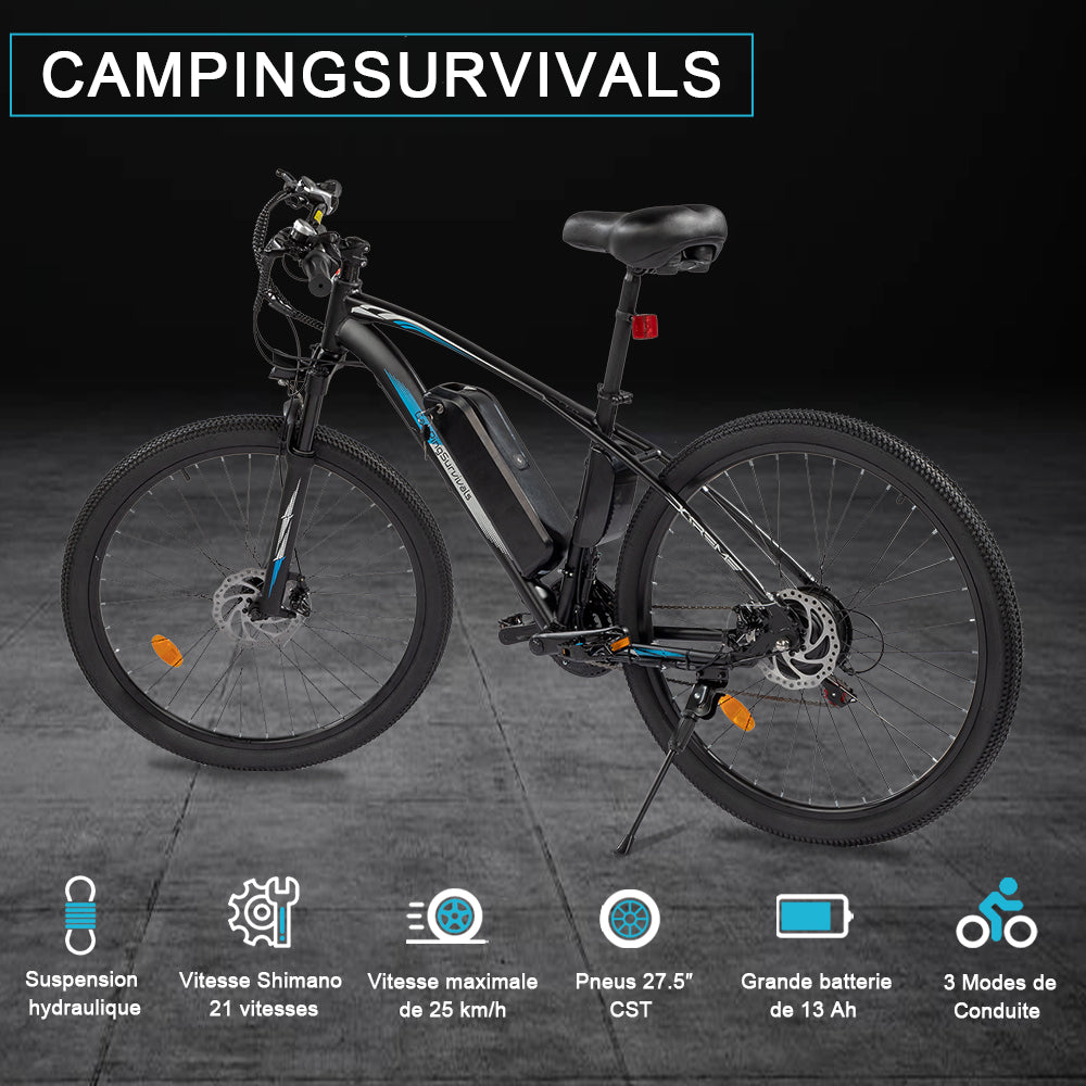 Vélo électrique, VTT électrique, 27.5" Ville E-Bike Adulte, Vélo électrique avec Batterie Amovible 36V 13Ah,7 Vitesses Bleu et Noir