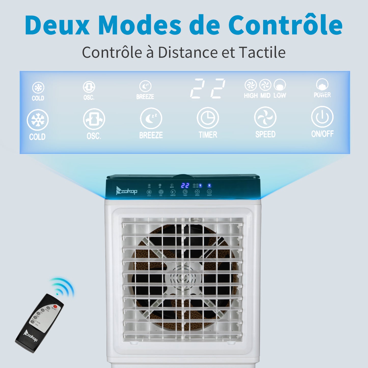 Refroidisseur ¨¤ ¨¦vaporation portable 3 en 1, int¨¦rieur, ext¨¦rieur, 2353CFM, t¨¦l¨¦commande, grand r¨¦servoir d'eau 6,6 Gal, roulettes, 4 packs de glace, blanc