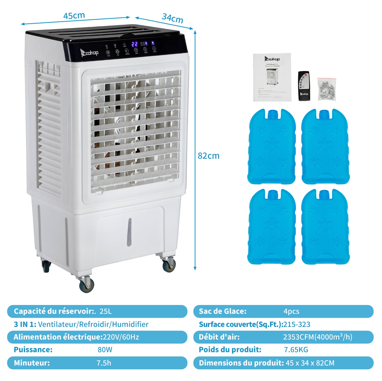 Refroidisseur ¨¤ ¨¦vaporation portable 3 en 1, int¨¦rieur, ext¨¦rieur, 2353CFM, t¨¦l¨¦commande, grand r¨¦servoir d'eau 6,6 Gal, roulettes, 4 packs de glace, blanc