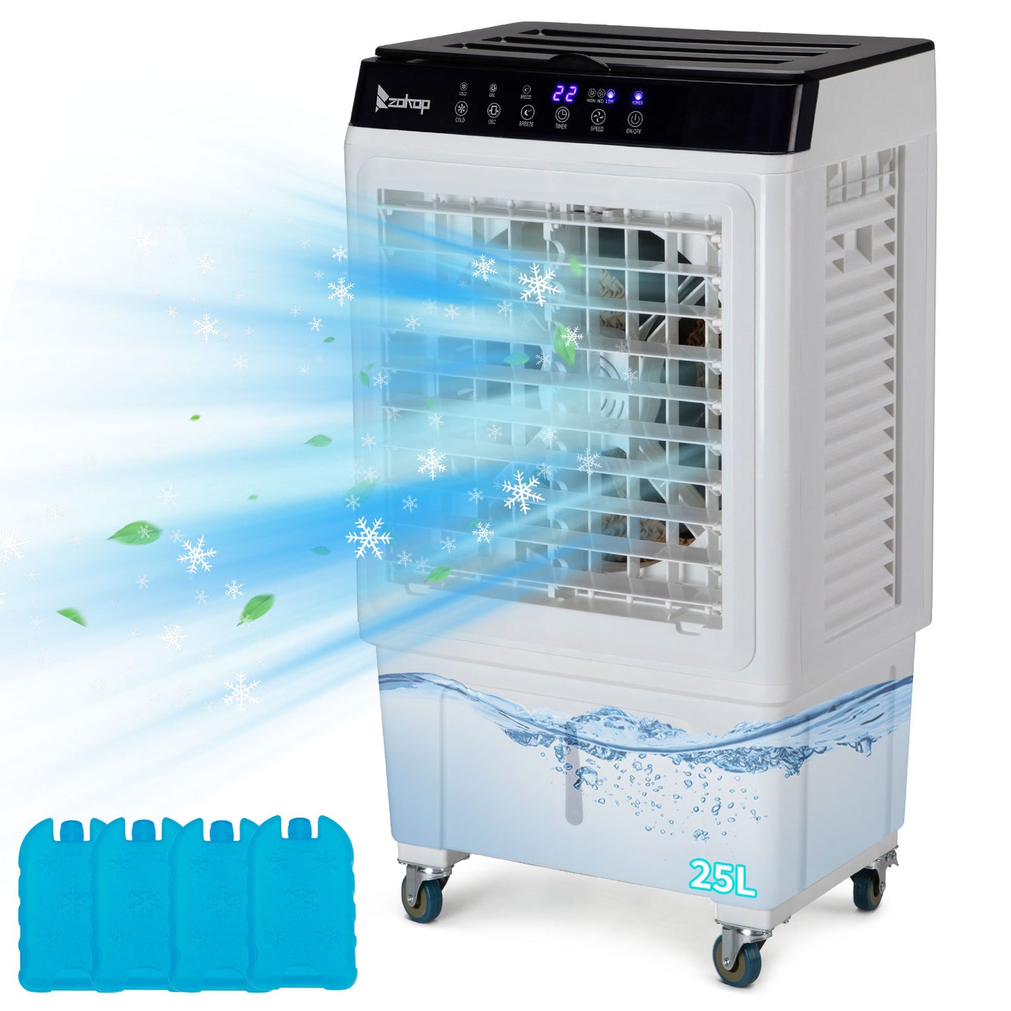 Refroidisseur ¨¤ ¨¦vaporation portable 3 en 1, int¨¦rieur, ext¨¦rieur, 2353CFM, t¨¦l¨¦commande, grand r¨¦servoir d'eau 6,6 Gal, roulettes, 4 packs de glace, blanc