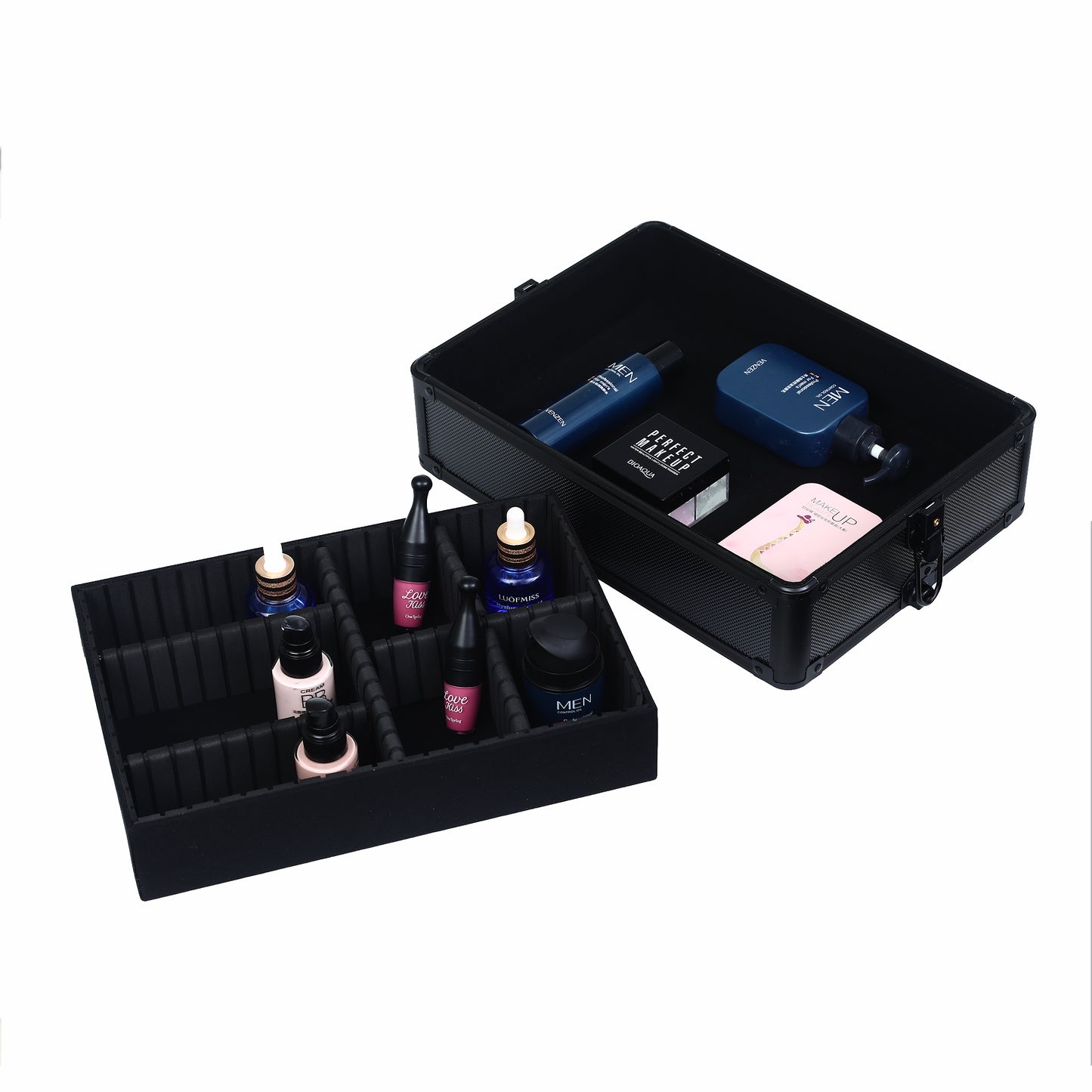 4pcs trolley type with universal wheels ABS all black cosmetic case