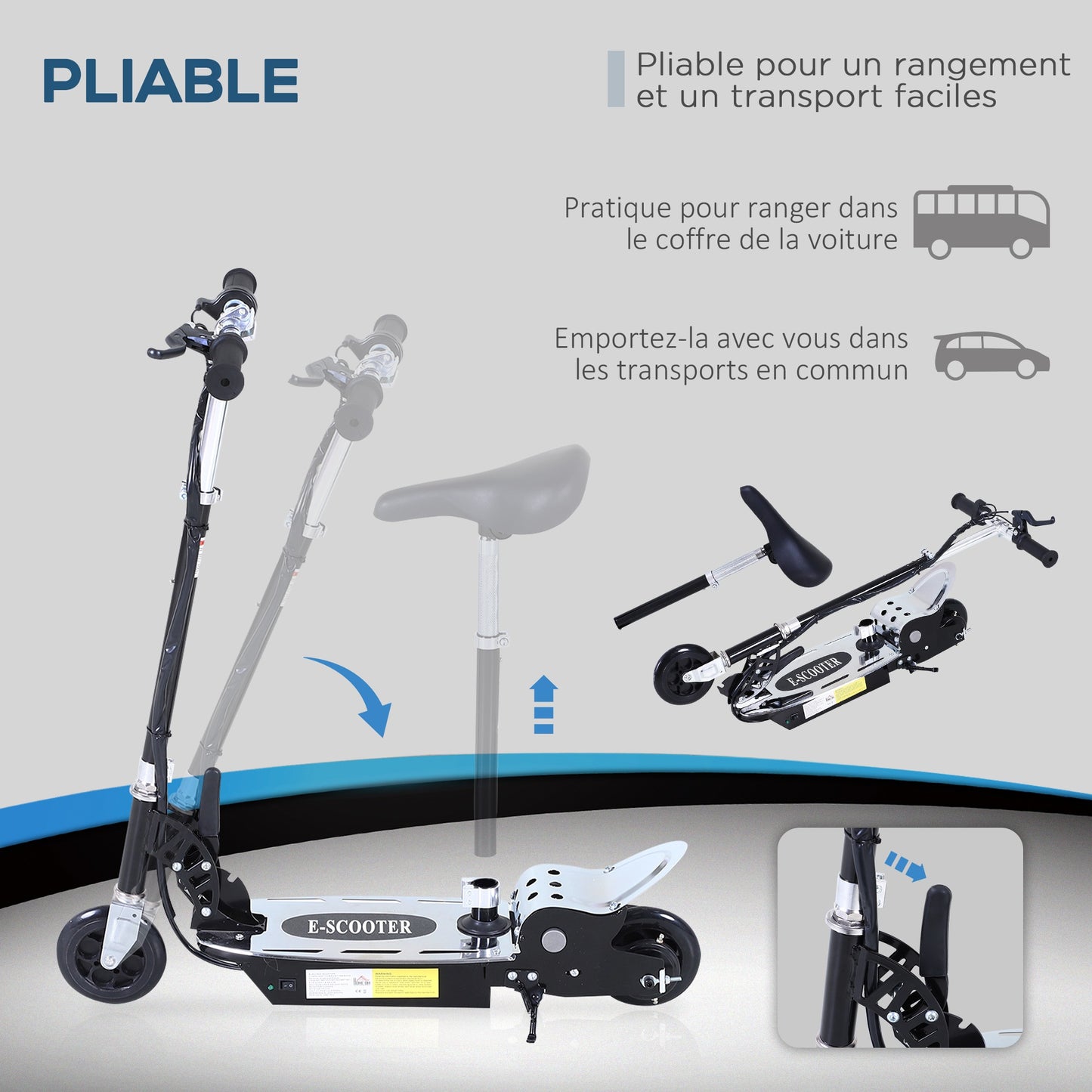 Trottinette ¨¦lectrique 120 W pliable pour enfant de 7 ¨¤ 12 ans hauteur guidon et selle r¨¦glable 10 Km/h max. noir