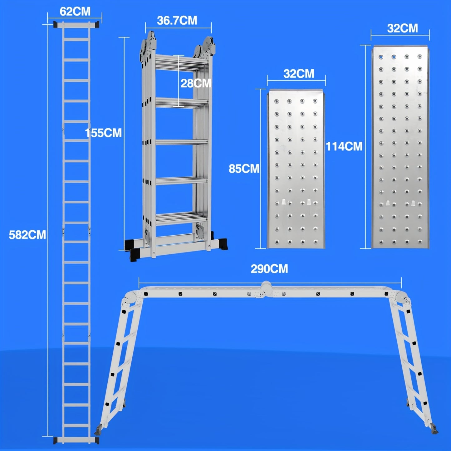 ¨¦chelle multifonction 4X4/4X5 marches ¨¦chelle en aluminium 4.7M/5.8M Max 150kg ¨¦chelle multifonctionnelle ¨¦chelle pliante avec plateforme et roues, ¨¦chelle domestique, Escabeau, Super ¨¦chelle pour la maison et le jardin
