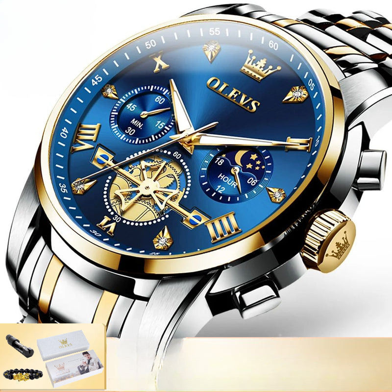 Montre ¨¤ Quartz pour Homme, Modules de Volant d'Inertie, Chronographe Seton, Phase de Lune, Montres-Bracelets Multifonctionnelles en Acier Inoxydable, 2856