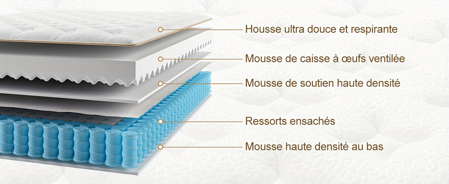Matelas ¨¤ ressorts ensach¨¦s, mousse ¨¤ m¨¦moire de forme, technologie hybride multicouche, confort personnalis¨¦ - ¨¦paisseur 22 cm,90x190cm