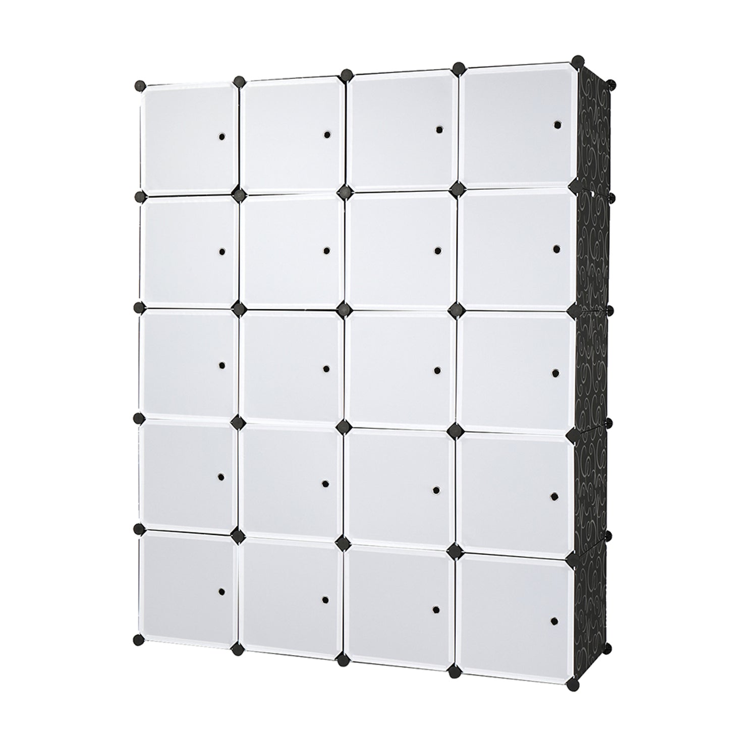 20 Cube Organizer Stackable Plastic Cube Storage Shelves Design Multifunctional Modular Closet Cabinet with Hanging Rod White Doors and Black Panels