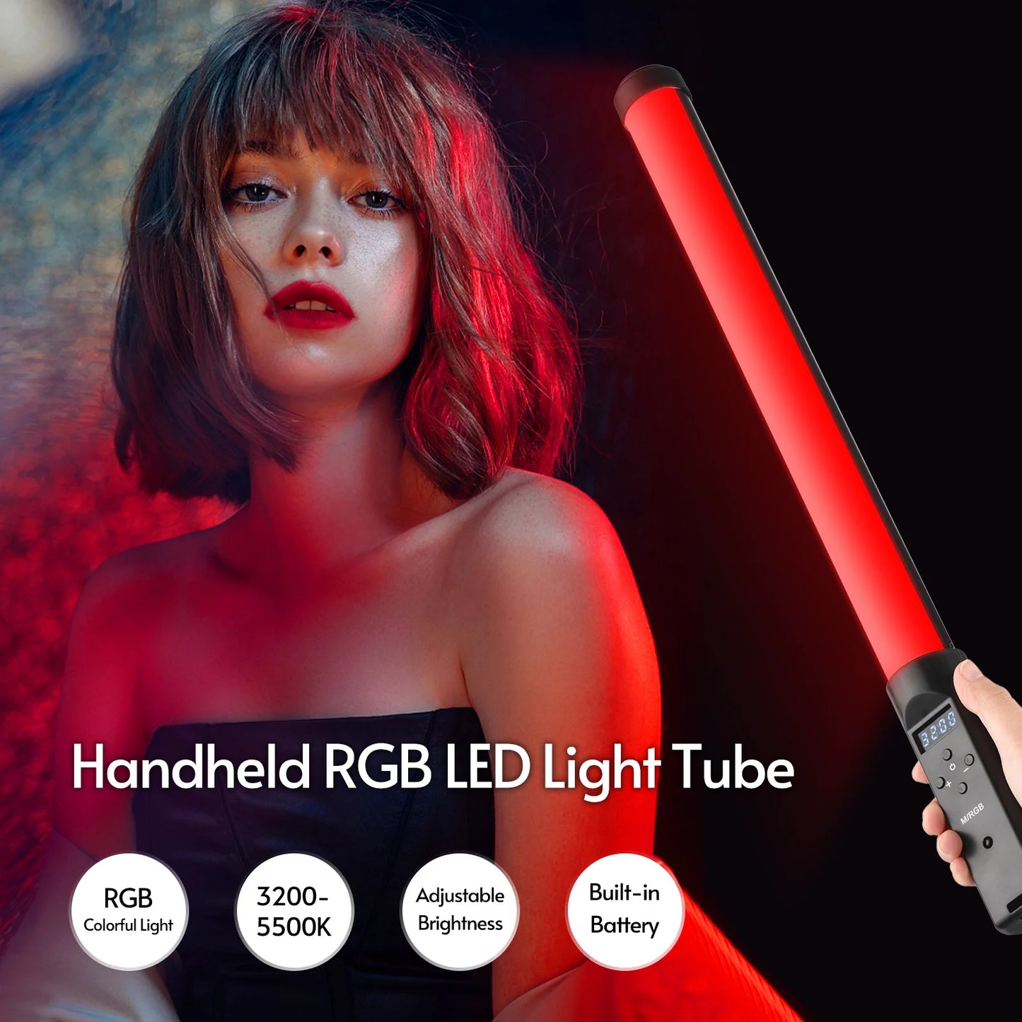 Baguette lumineuse vid¨¦o LED ¨¤ intensit¨¦ variable avec t¨¦l¨¦commande, d¨¦terminer RVB, tube lumineux, Vlog, diffusion en direct, photographie de portrait, 3200K-5500K