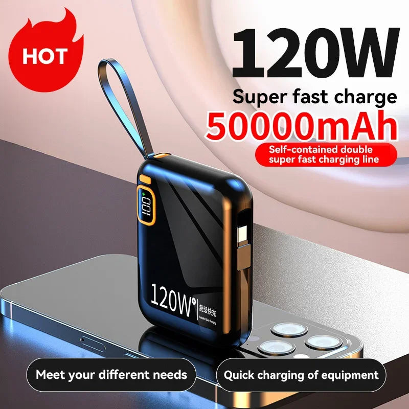 Banque d'alimentation portable pour iPhone, Xiaomi, Samsung, mini chargeur rapide bidirectionnel, poign¨¦es USB vers cable de type C amovibles, PD120W, 50000mAh