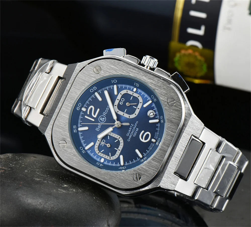 Bell Ross Global Limited Edition 05 Series Bracelet en acier Montre chronographe ¨¤ quartz pour homme BR05C-BU-ST/SST Relogios Reloj zones bre