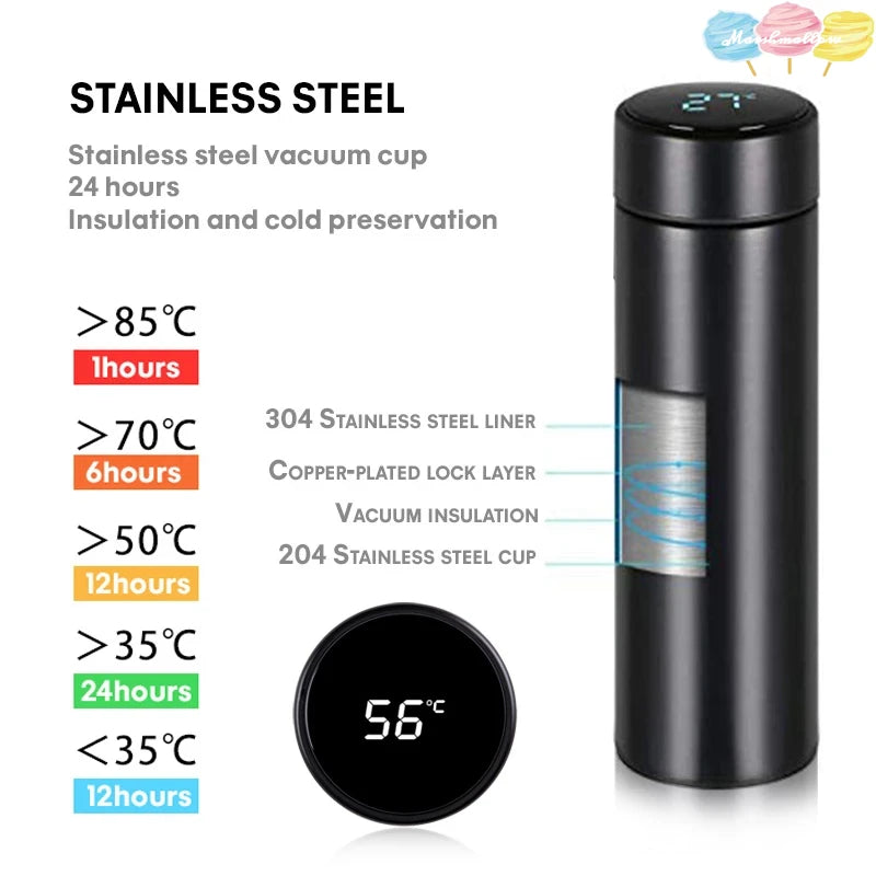 Bouteille thermos num¹Èrique intelligente avec affichage de la temp¹Èrature, tasse ½Ç caf¹È isol¹Èe sous vide, acier inoxydable 500, 304 ml, noir