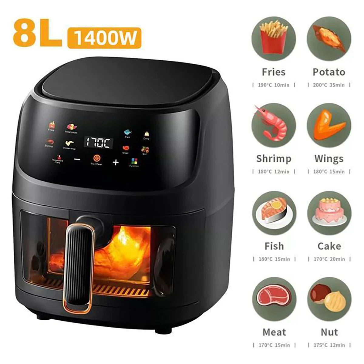 Friteuse ½Ç air domestique sans huile, Smart LED Touch, Friteuse ½Ç air, SubKRthermique, Cuisiniõ¹re, Frites jetables, 1400W, 8L, blanc