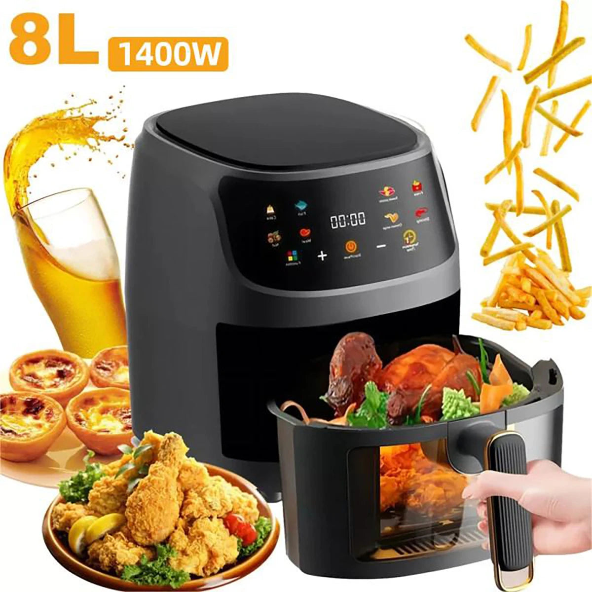 Friteuse ½Ç air domestique sans huile, Smart LED Touch, Friteuse ½Ç air, SubKRthermique, Cuisiniõ¹re, Frites jetables, 1400W, 8L, blanc