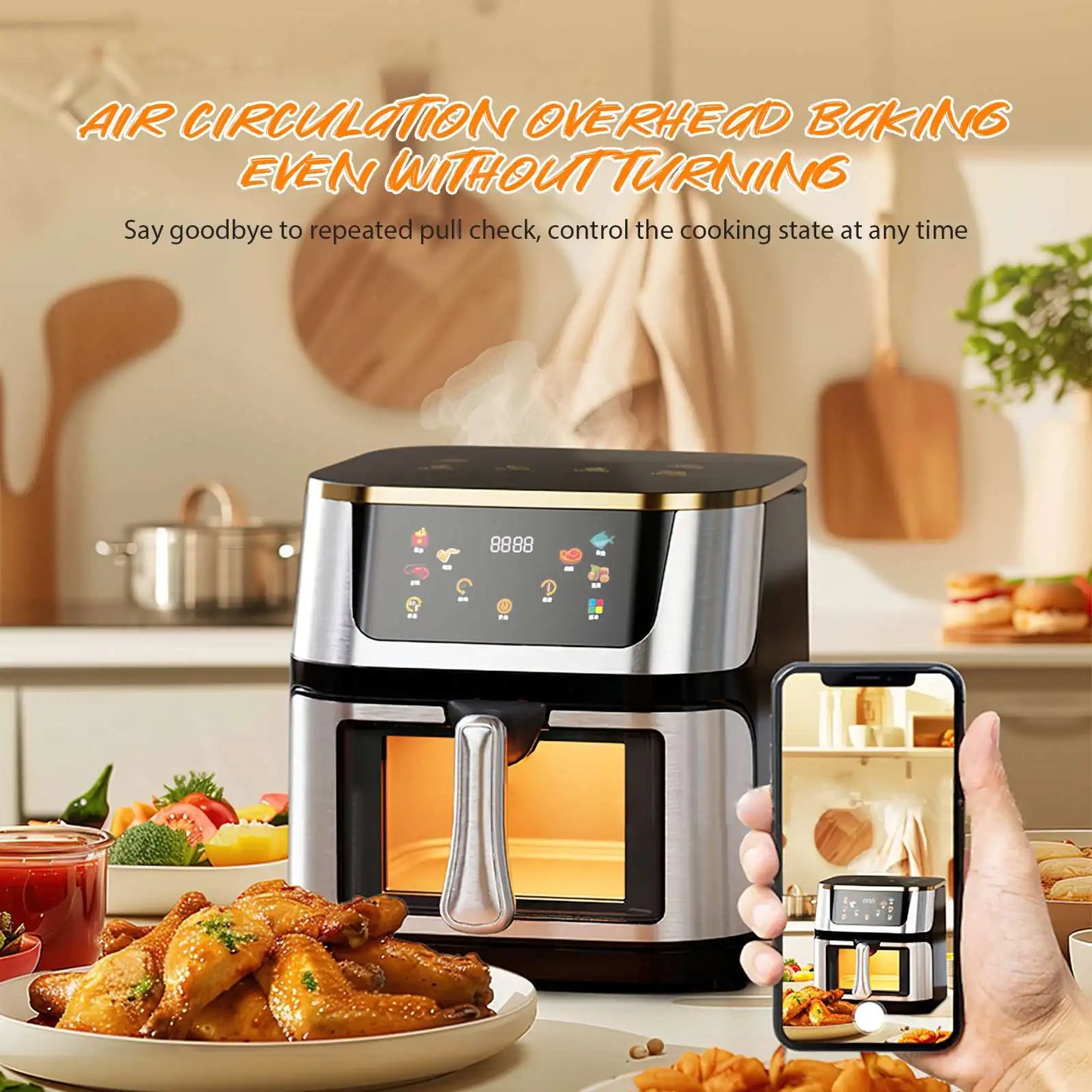 Friteuse ½Ç air ¹Èlectrique multifonctionnelle, acier inoxydable, grande capacit¹È visible, ¹Ècran tactile, 12L, 1400W