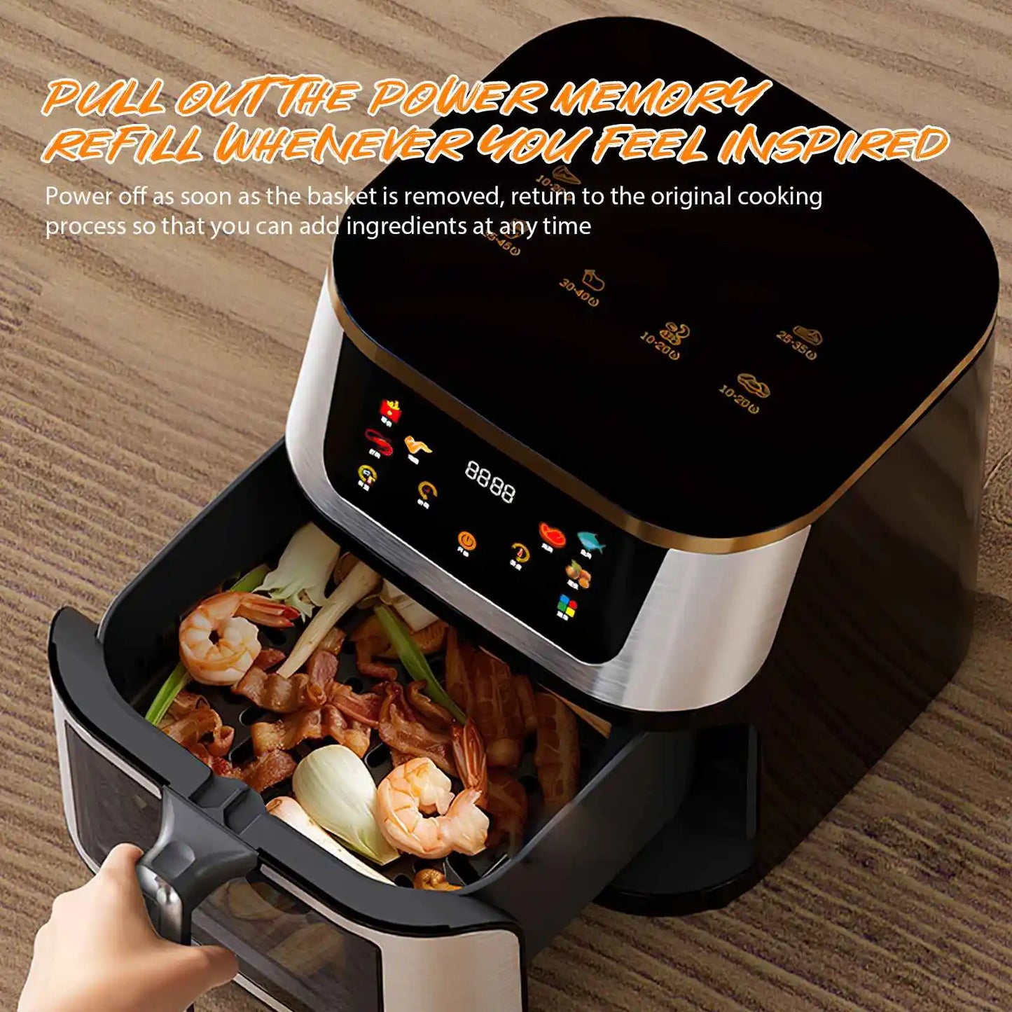 Friteuse ½Ç air ¹Èlectrique multifonctionnelle, acier inoxydable, grande capacit¹È visible, ¹Ècran tactile, 1400W, 12L