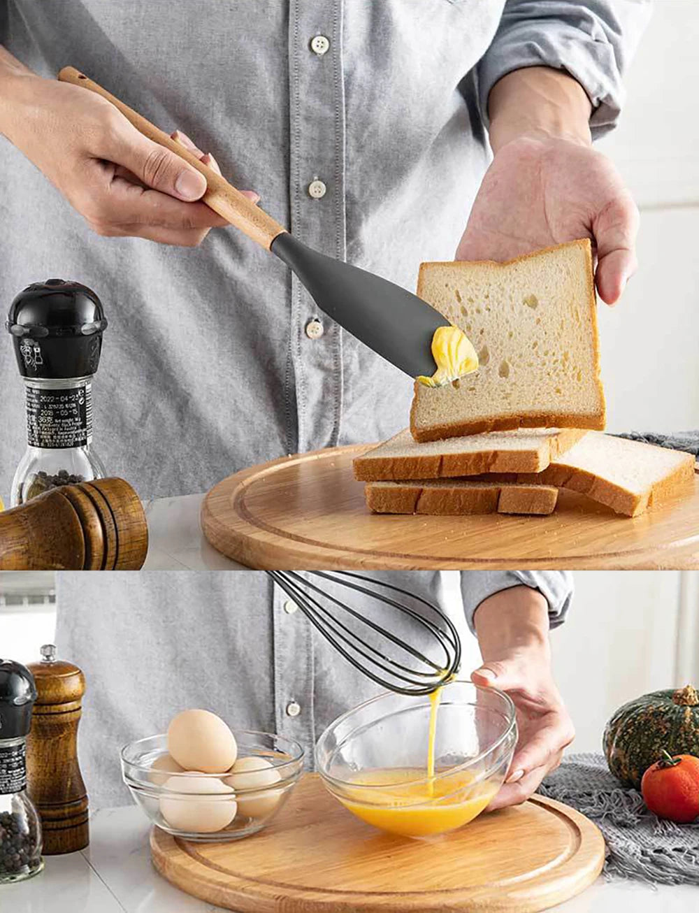 Ensemble d'ustensiles de cuisine en silicone antiadh¹Èsif, ustensiles de cuisine, spatule, pelle, batteurs ½Ç ?ufs, manche en bois, ensemble d'outils de cuisine, grey