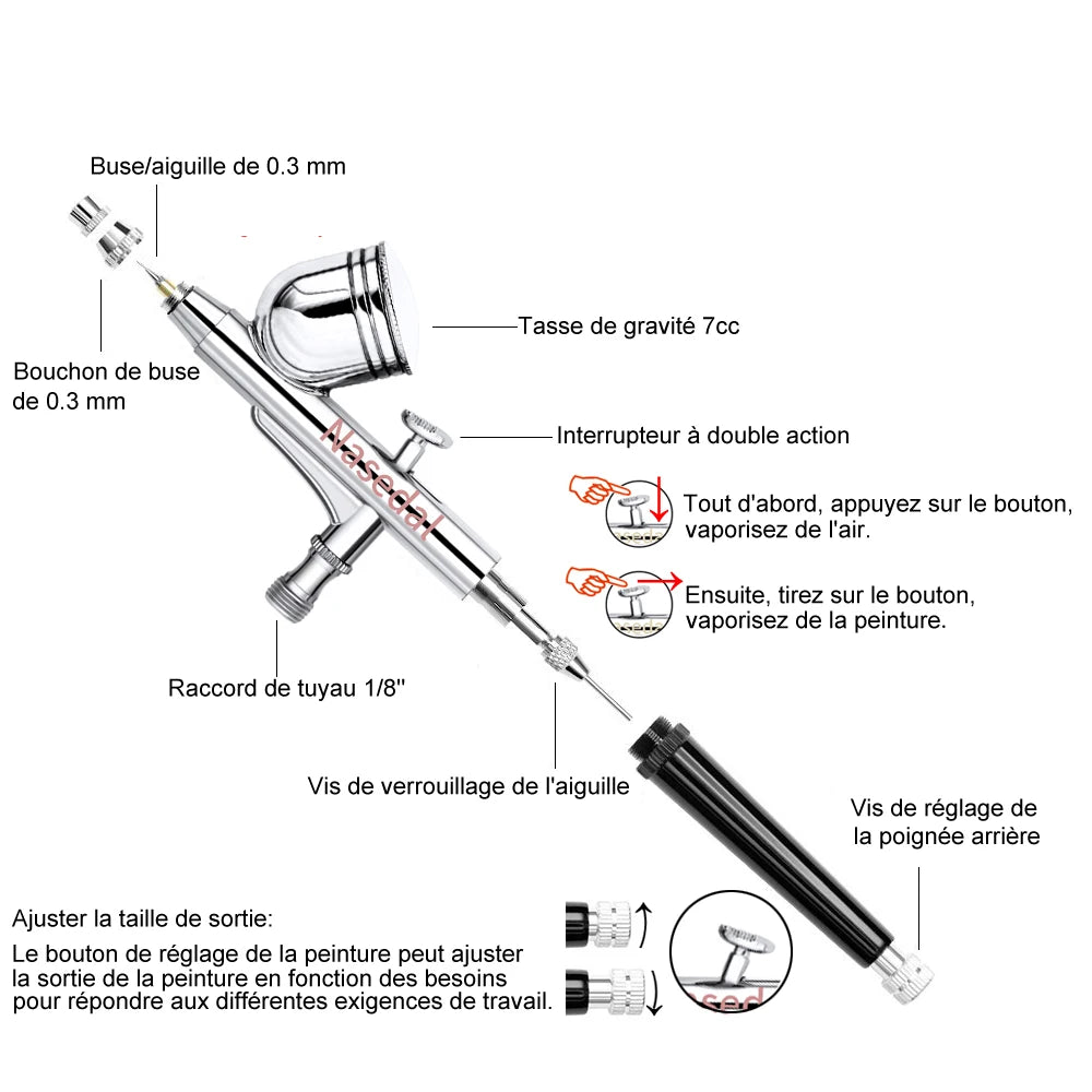 Kit de compresseur d'a¨¦rographe ¨¤ double Action NT-19 mm, pistolet de pulv¨¦risation d'a¨¦rographe pour Nail a¨¦rographe mod¨¨le gateau voiture chaussures peinture de poisson 0.3