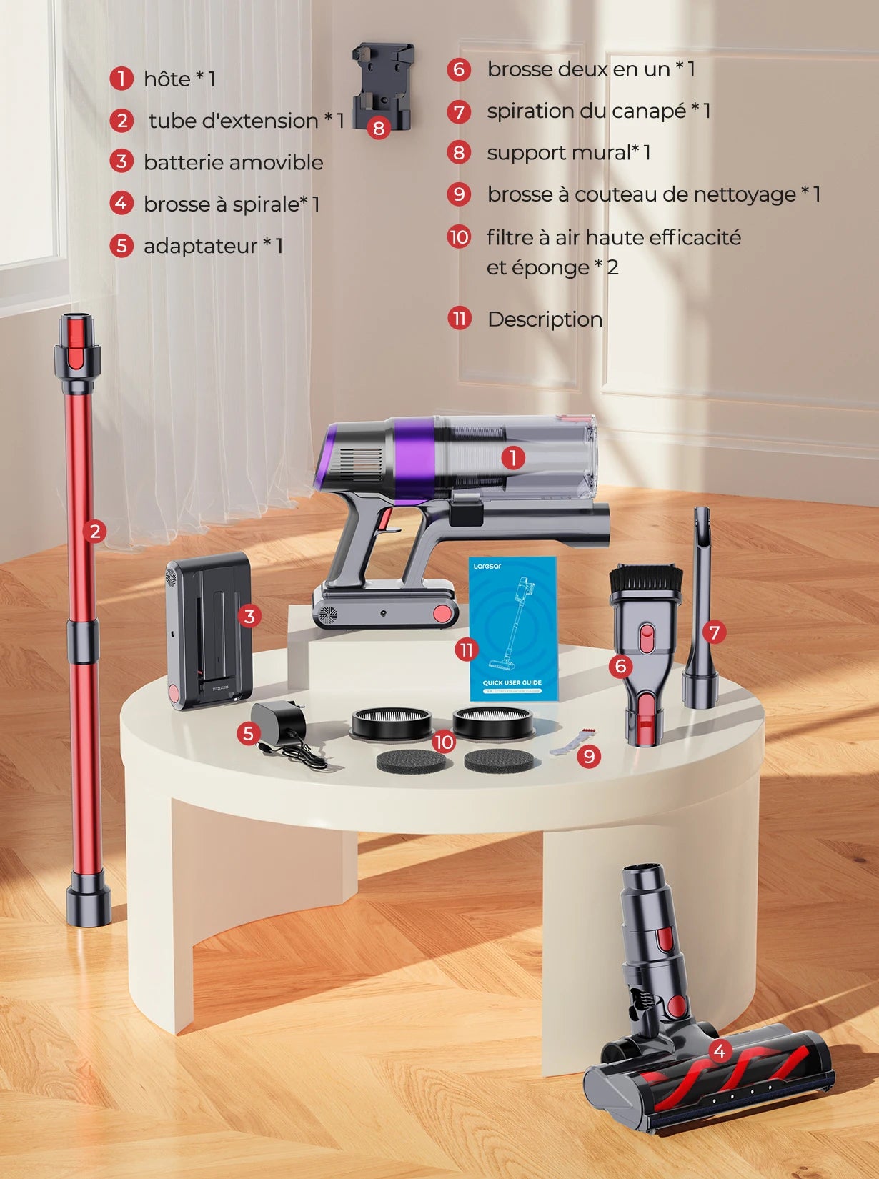 Aspirateur sans fil moteur sans balais, appareil m¨¦nager sans fil, batterie perfective, 60 minutes, 48Kpa, 500W, Elite 8 Car, nouveau
