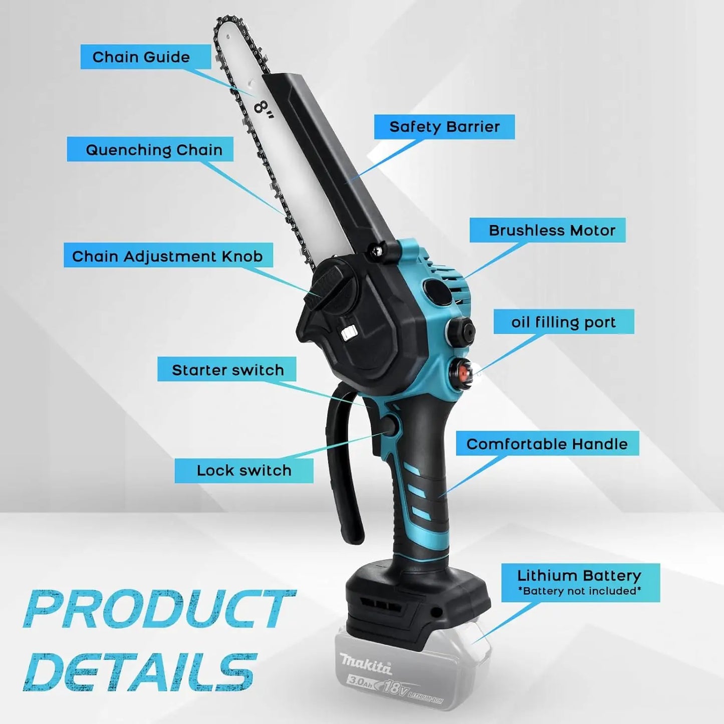 Makita-Scie ½Ç cha?ne ¹Èlectrique sans fil sans balais, scie JOSaw, travail de calcul, d¹Èterminer l'¹Èlagage, outils ¹Èlectriques de jardin, batterie 18V, 8"
