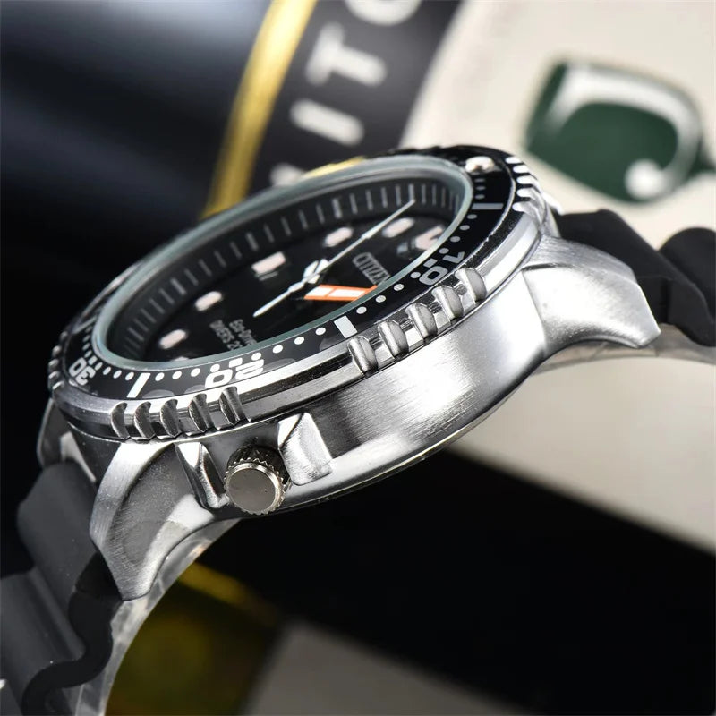 Montre ¨¤ quartz ¨¤ trois broches pour hommes avec bo?te-cadeau, s¨¦rie de plongeurs Citizen Prom84, conduite par cuill¨¨re ¨¤ soupe, montre ¨¤ bande calendrier, marque de luxe, mode