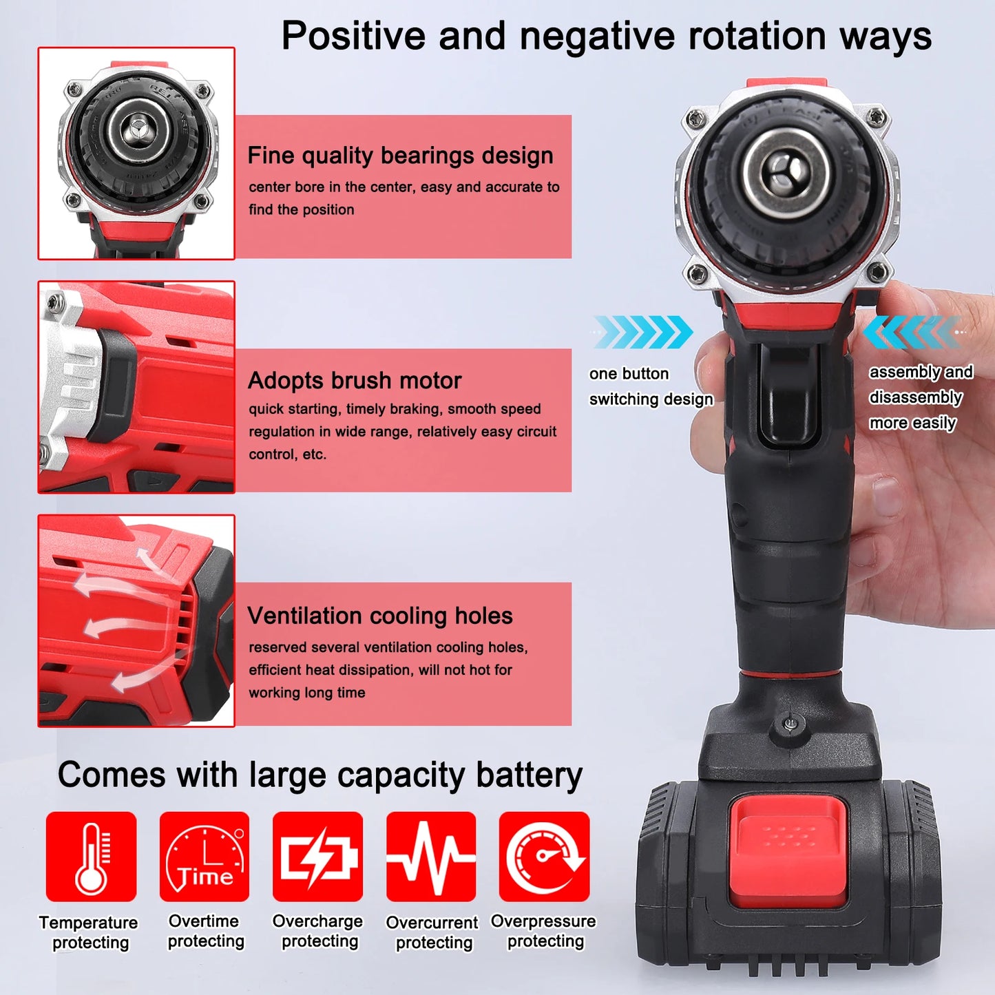 Moteur de brosse de perceuse ¨¦lectrique, contr?le ¨¤ 2 vitesses, r¨¦gulation de vitesse en continu, voies de rotation, r¨¦glage, 25 vitesses de perceuse dynamom¨¦trique, 21V