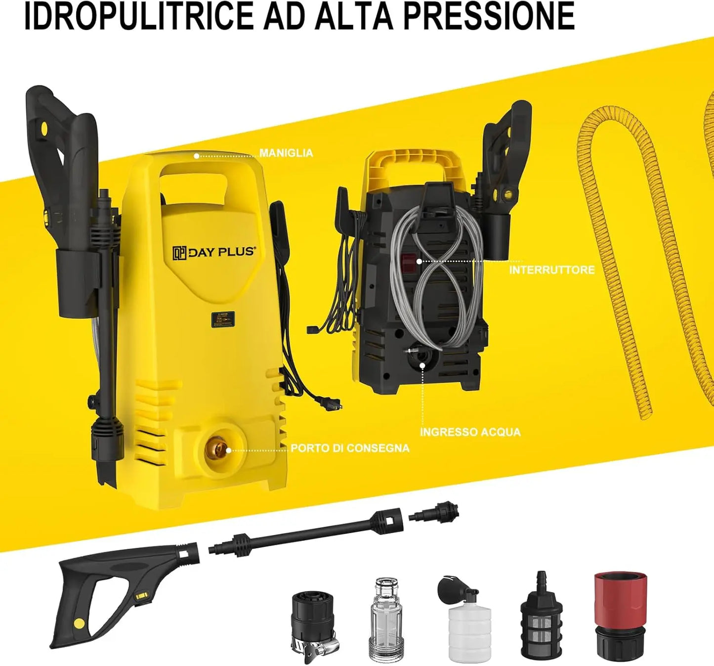 Nettoyeur haute pression ¨¦lectrique, 1600W,120bar,380l/h, Lance r¨¦glable de 0 ¨¤ 180 ¡ã, Tuyau flexible de 7m, Terrasses, HP, Voitures