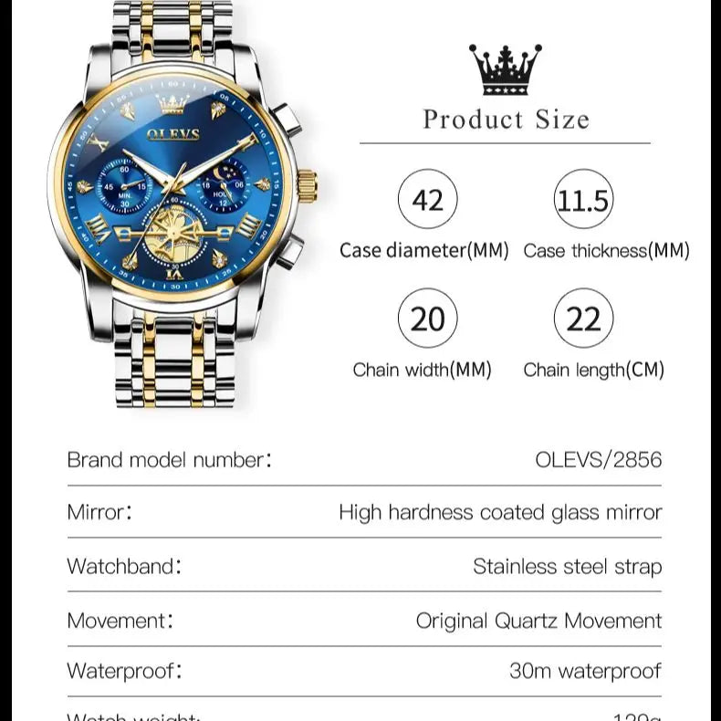 Montre ¨¤ Quartz pour Homme, Modules de Volant d'Inertie, Chronographe Seton, Phase de Lune, Montres-Bracelets Multifonctionnelles en Acier Inoxydable, 2856