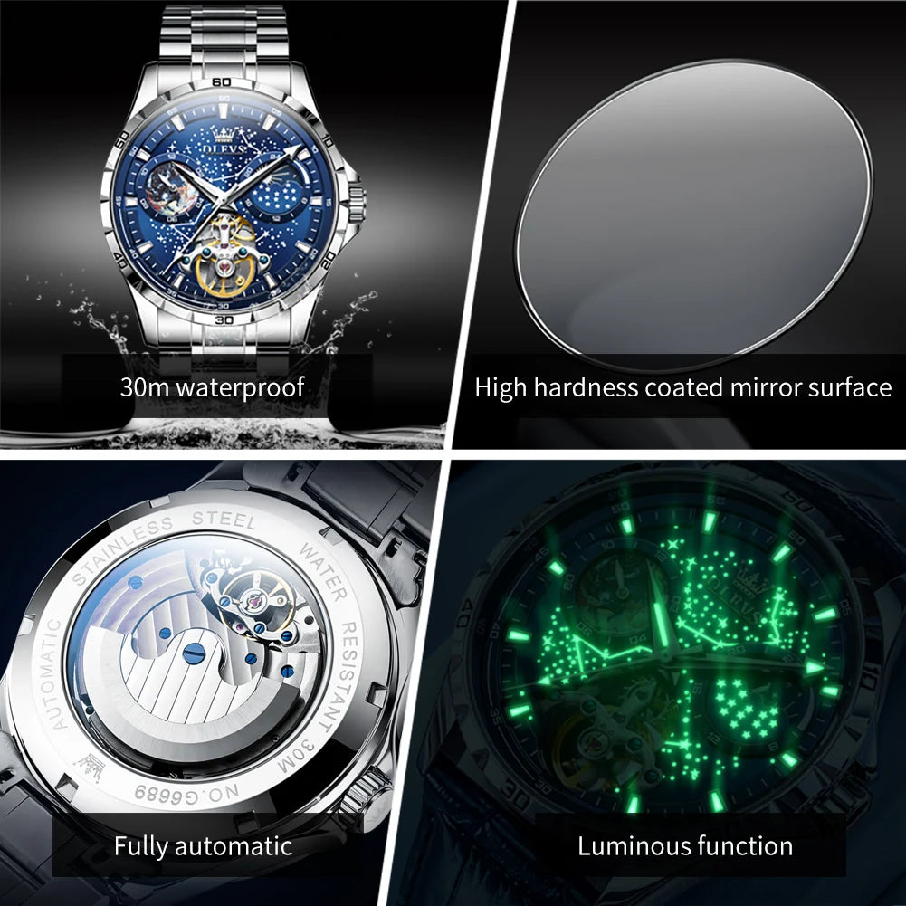 Montre m¨¦canique ¨¦tanche enti¨¨rement automatique pour homme, montres ¨¦tanches, phase de lune ¨¦toil¨¦e, marque sup¨¦rieure originale, chaussures multifonctionnelles