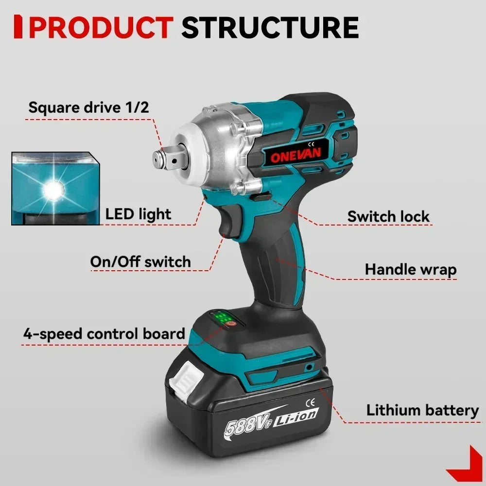 Tournevis ¹Èlectrique Sans Fil 520N.M cle a choc, visseuse sans fil,Outil de R¹Èparation de Voiture pour Batterie makita 18v outils, 1/2 Pouces