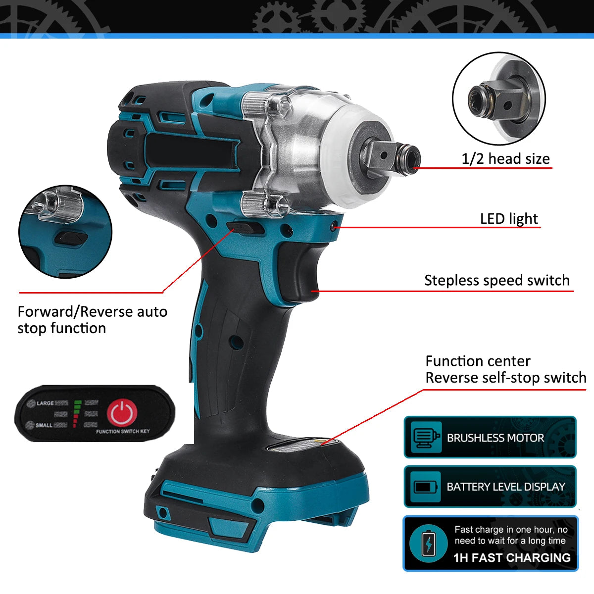 Outils ¹Èlectriques rechargeables sans fil sans balais, compatibles avec la batterie Makita 18V, 1/2"