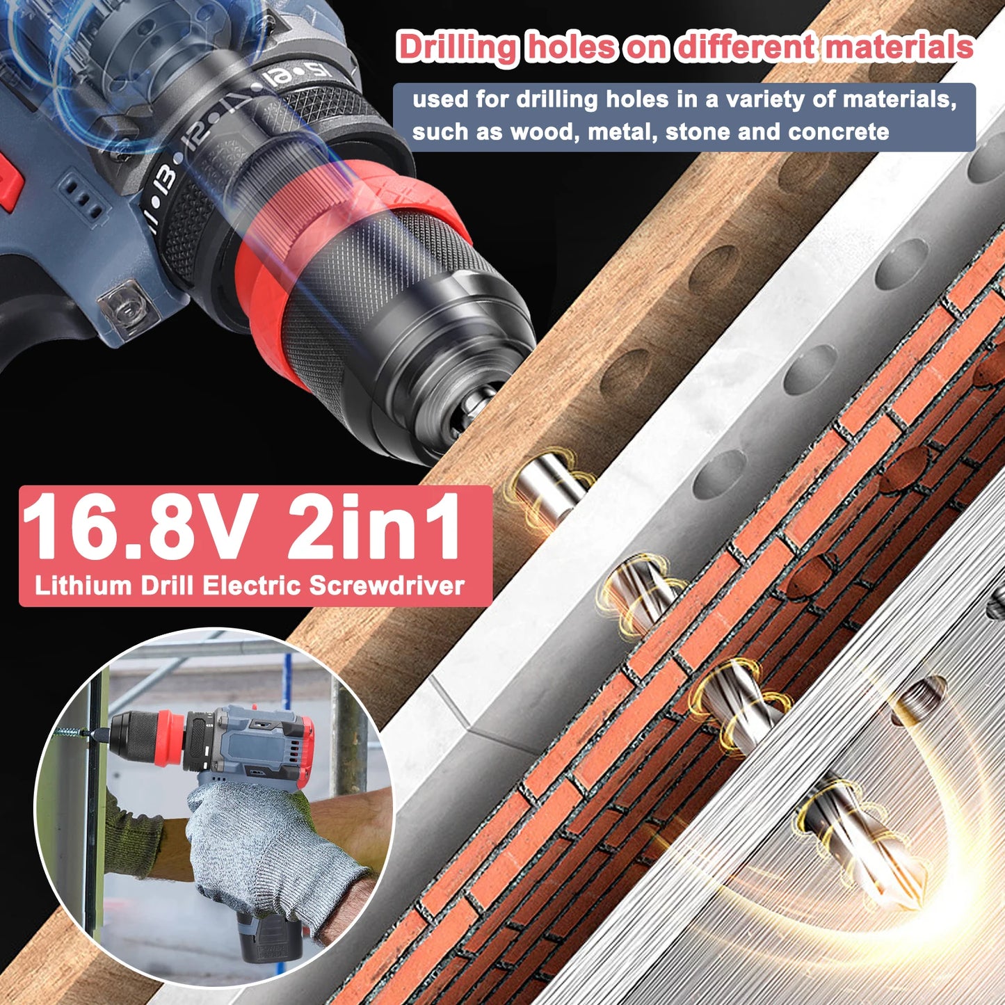 Perceuse au lithium 2 en 1, tournevis ¹Èlectrique, outil ¹Èlectrique multifonction, couple 45Nm, moteur sans balais, tournevis pratique, 16.8V
