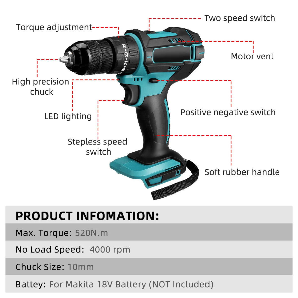 Perceuse ¨¤ percussion ¨¦lectrique pliable, 3 en 1, couple 520 N.M, 4000, mandrin de 10mm, perceuse plate, marteau, tournevis ¨¦lectrique pour batterie18V