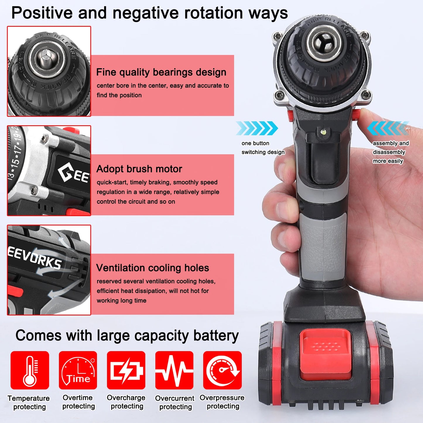 Perceuse sans fil ½Ç impact ¹Èlectrique, tournevis ¹Èlectrique, batterie au lithium haute puissance, perceuses ½Ç main rechargeables, outils ¹Èlectriques de bricolage ½Ç domicile, 21V