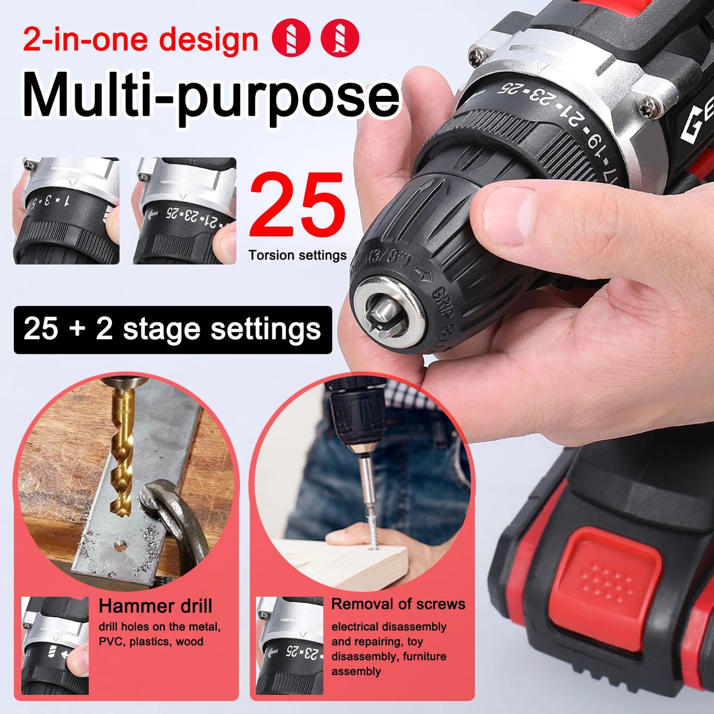Perceuse sans fil ½Ç impact ¹Èlectrique, tournevis ¹Èlectrique, batterie au lithium haute puissance, perceuses ½Ç main rechargeables, outils ¹Èlectriques de bricolage ½Ç domicile, 21V